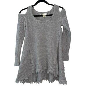 Kaisely Gray Cold-Shoulder Knit Sweater Tunic XS With Frayed Hem